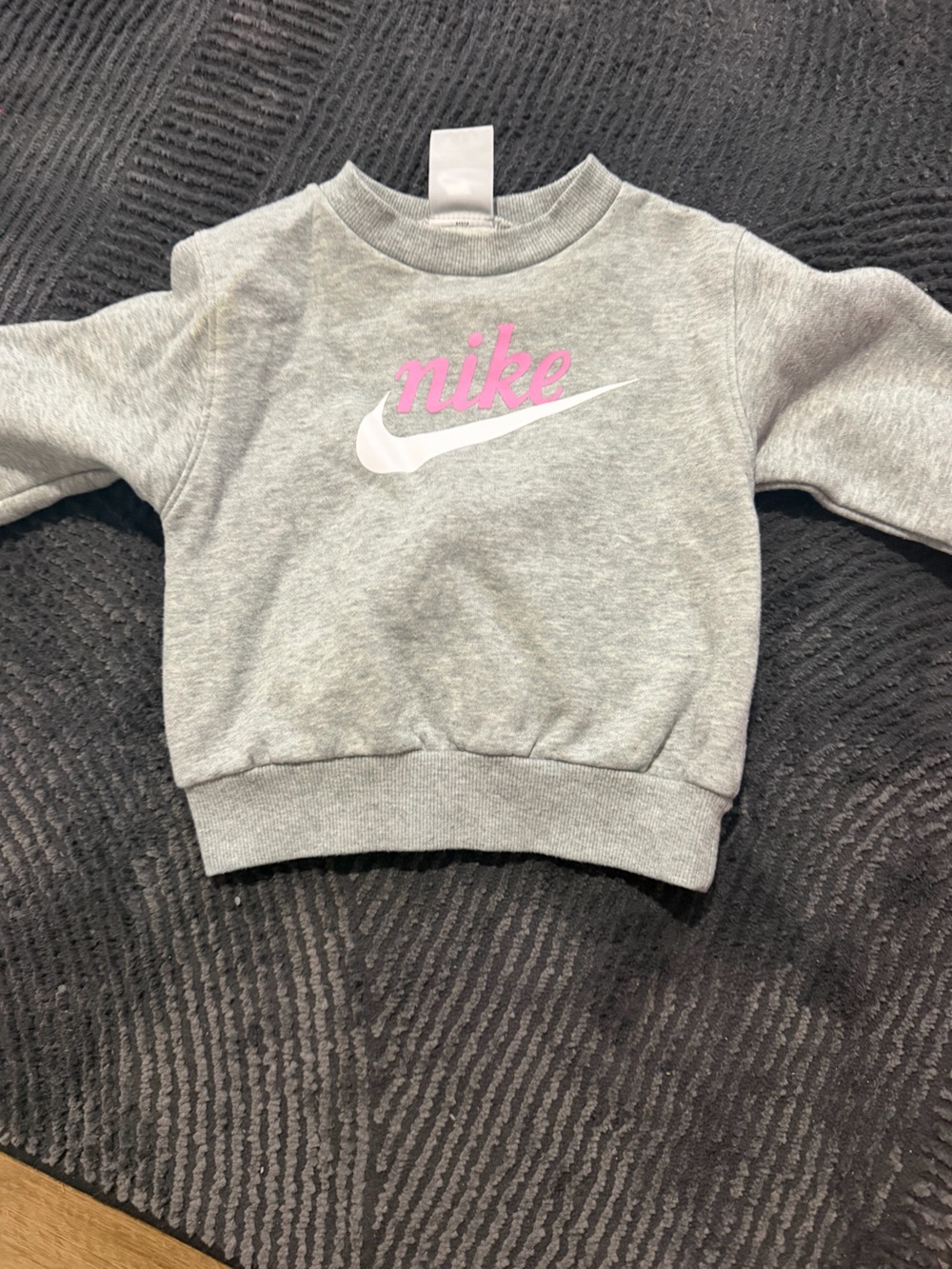 Nike Kids Grey Pullover Sweatshirt with Pink Script and White Swoosh